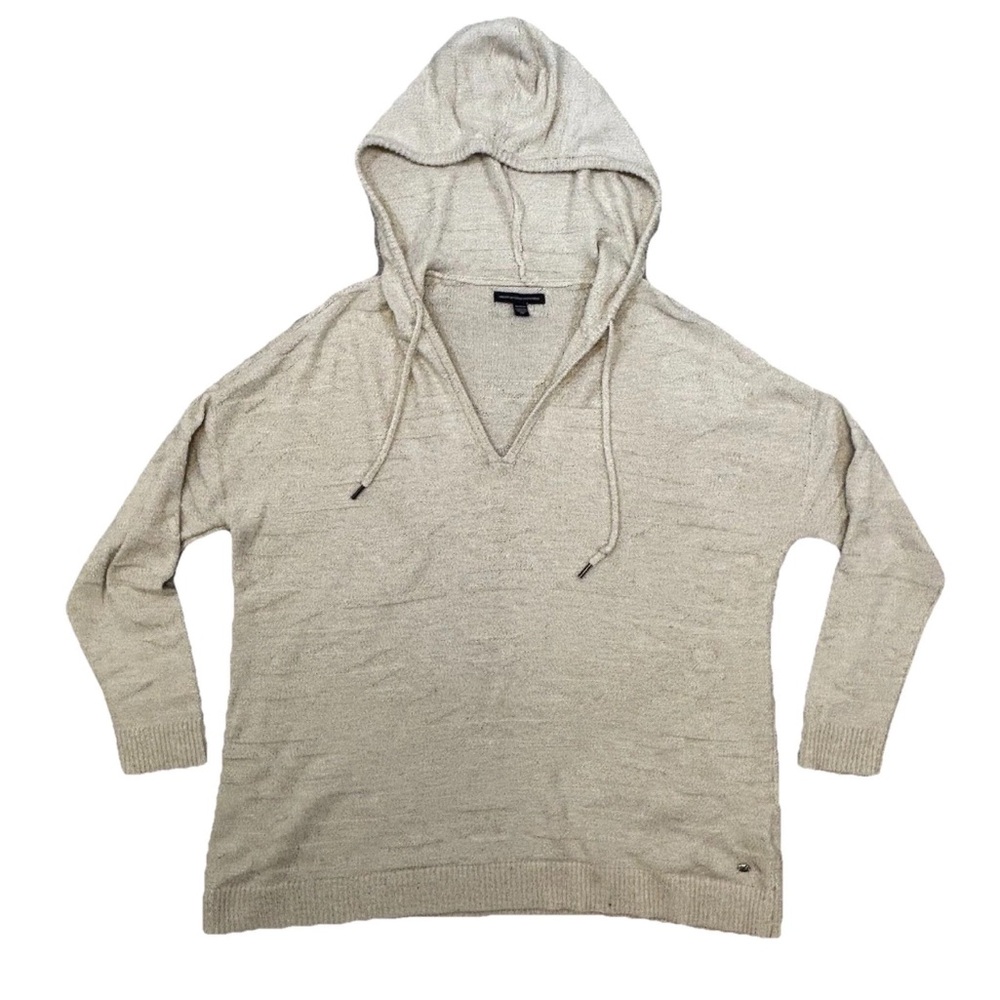 American Eagle Sweater Womens M Beige Hooded Knit V-Neck Pullover Hoodie Shirt‎